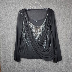 Helene Blake Blouse Women XL Black‎ Sequin Mesh Draped Wrap Long Sleeve Top